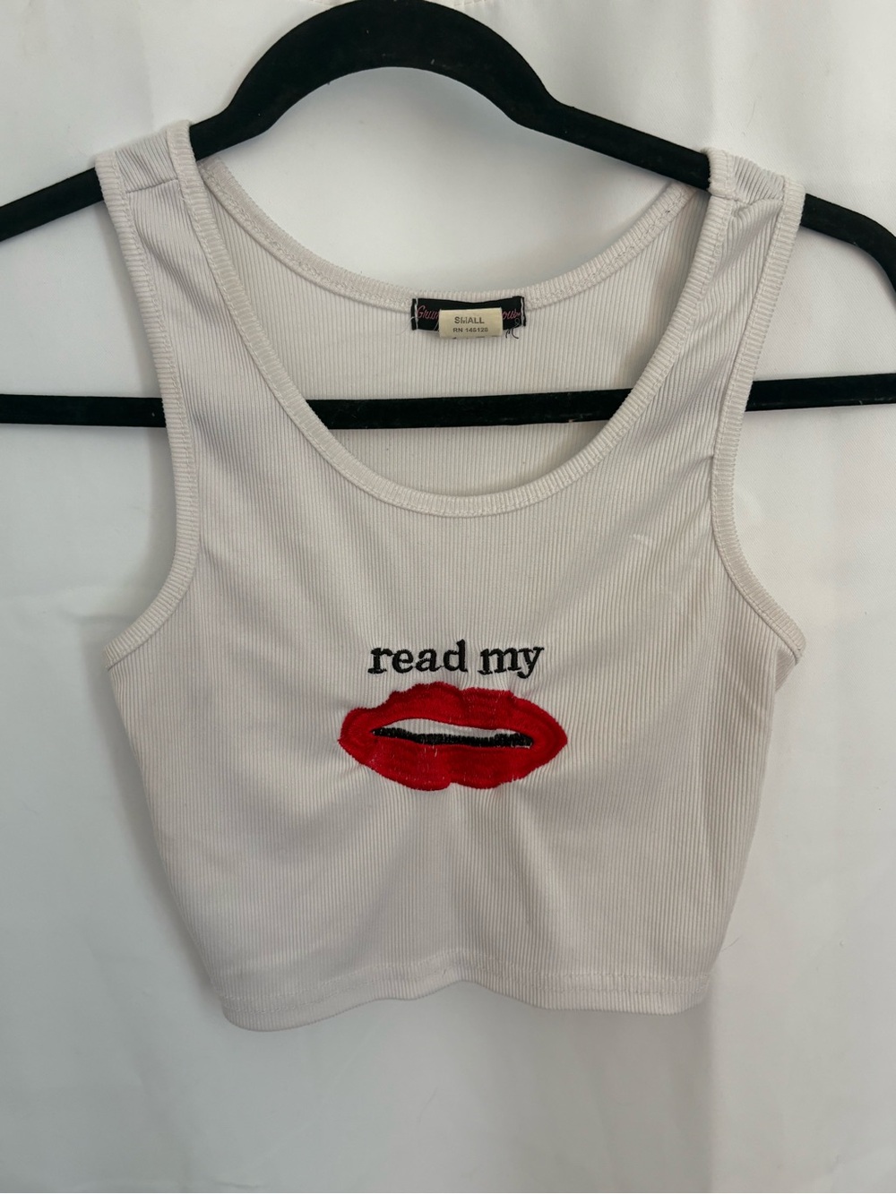White Ribbed Crop Tank with Red Lip Embroidery
